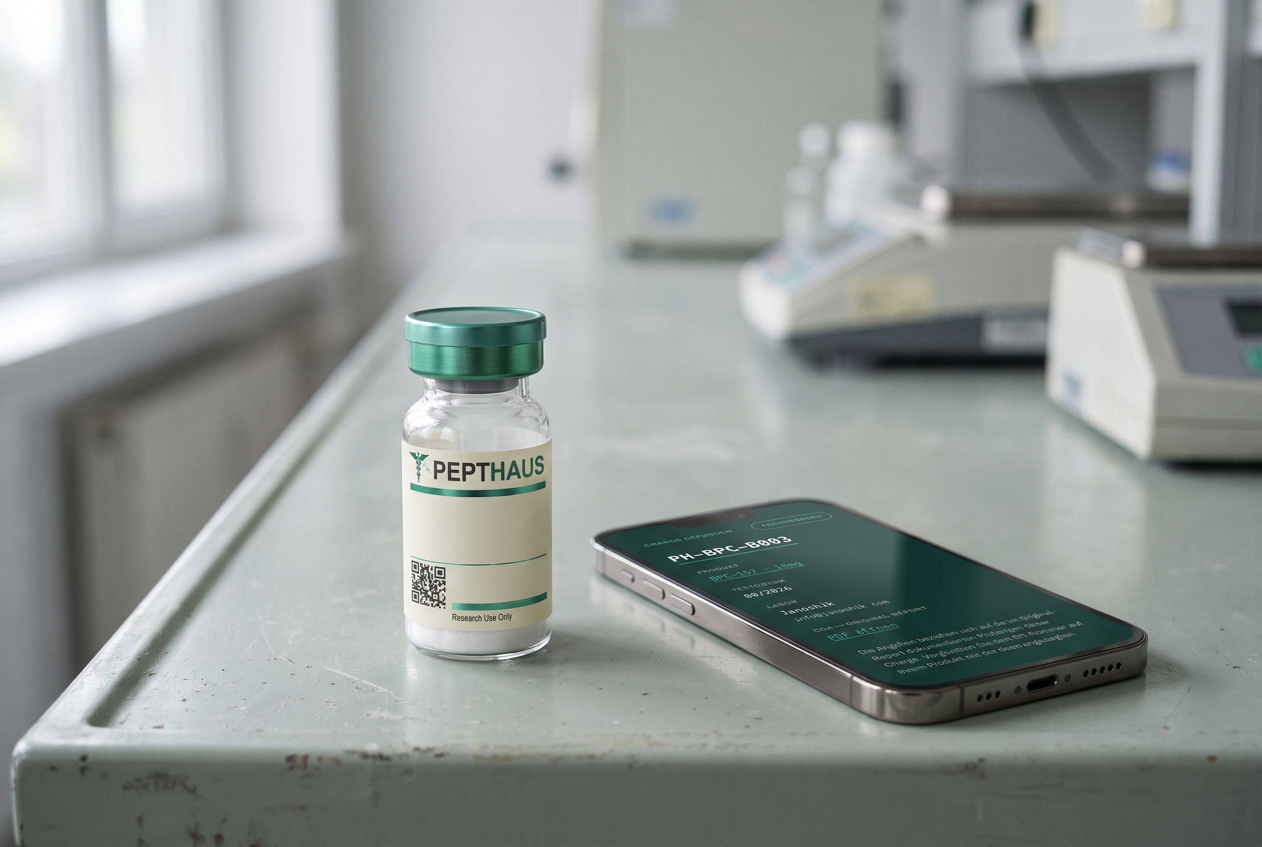 Vial mit Chargennummer neben dem Analysenbericht